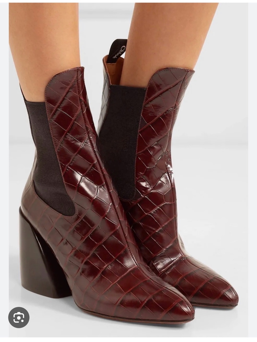 Chloe Women's Burgundy Croc-Embossed Chelsea Block Heel Boot